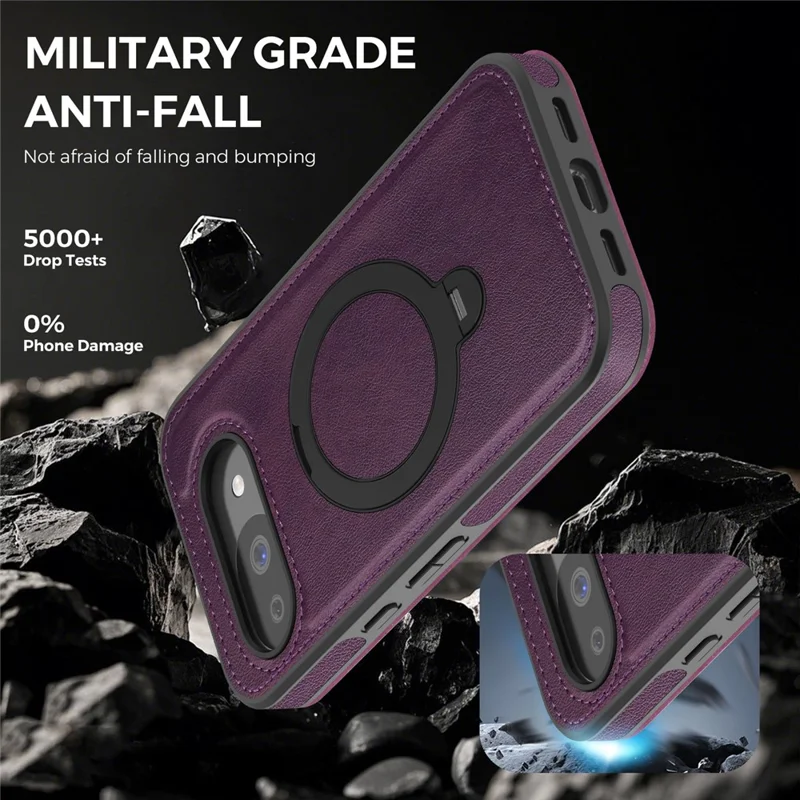 For Google Pixel 10a Magnetic Phone Case RFID Blocking Leather Wallet Cover with Rotating Ring Kickstand - Dark Purple