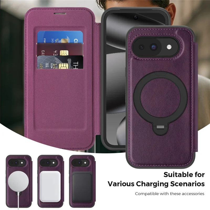 For Google Pixel 10a Magnetic Phone Case RFID Blocking Leather Wallet Cover with Rotating Ring Kickstand - Dark Purple