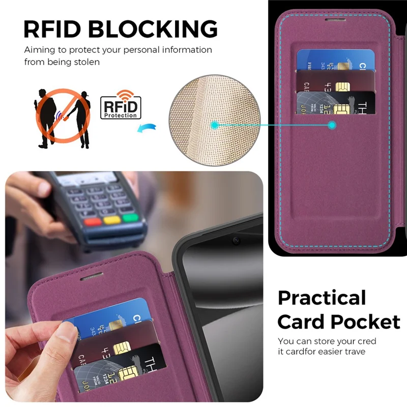 For Google Pixel 10a Magnetic Phone Case RFID Blocking Leather Wallet Cover with Rotating Ring Kickstand - Dark Purple