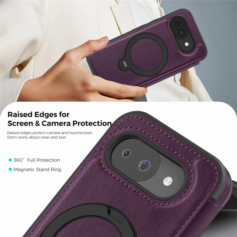 For Google Pixel 10a Magnetic Phone Case RFID Blocking Leather Wallet Cover with Rotating Ring Kickstand - Dark Purple