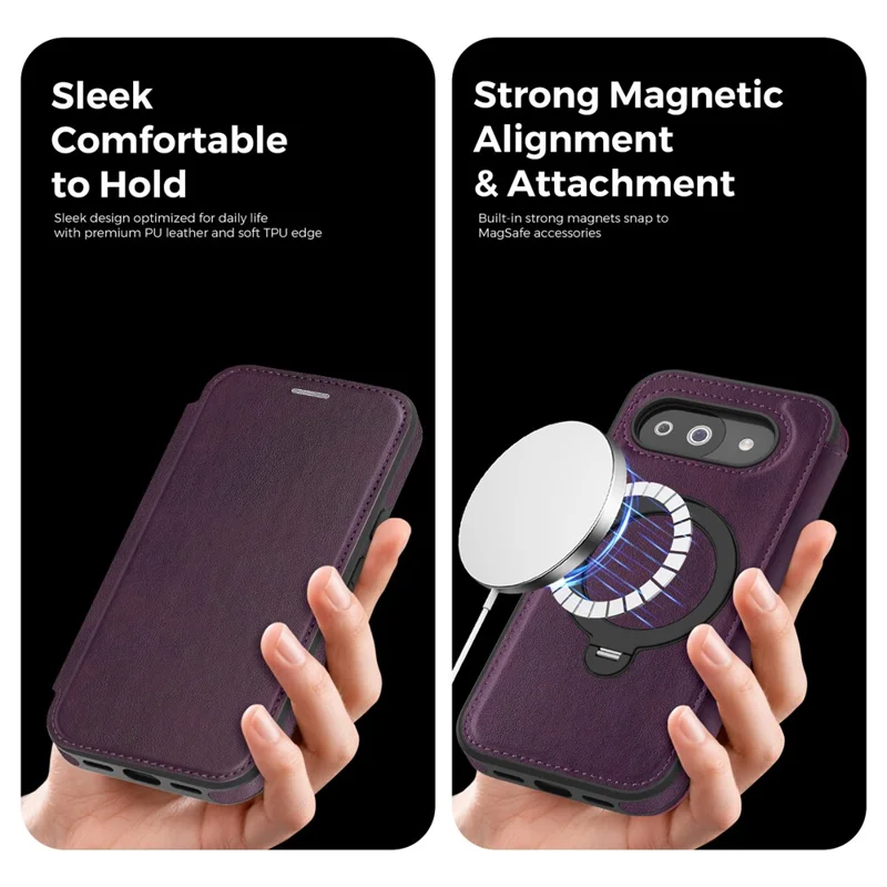 For Google Pixel 10a Magnetic Phone Case RFID Blocking Leather Wallet Cover with Rotating Ring Kickstand - Dark Purple