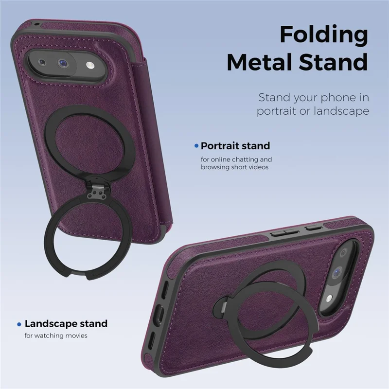 For Google Pixel 10a Magnetic Phone Case RFID Blocking Leather Wallet Cover with Rotating Ring Kickstand - Dark Purple