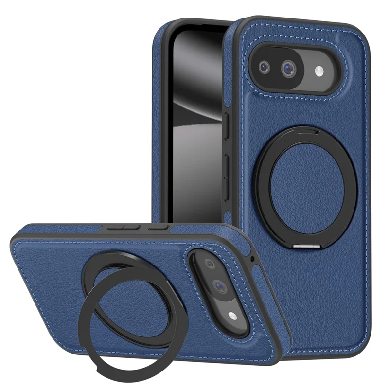 For Google Pixel 10a Magnetic Case with Ring Kickstand PU Leather Back Cover - Sapphire