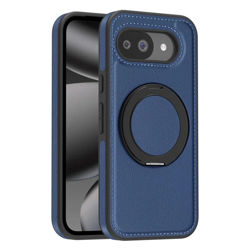 For Google Pixel 10a Magnetic Case with Ring Kickstand PU Leather Back Cover - Sapphire