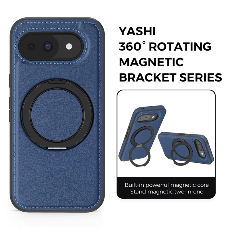 For Google Pixel 10a Magnetic Case with Ring Kickstand PU Leather Back Cover - Sapphire