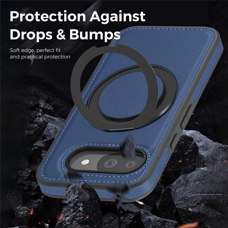 For Google Pixel 10a Magnetic Case with Ring Kickstand PU Leather Back Cover - Sapphire