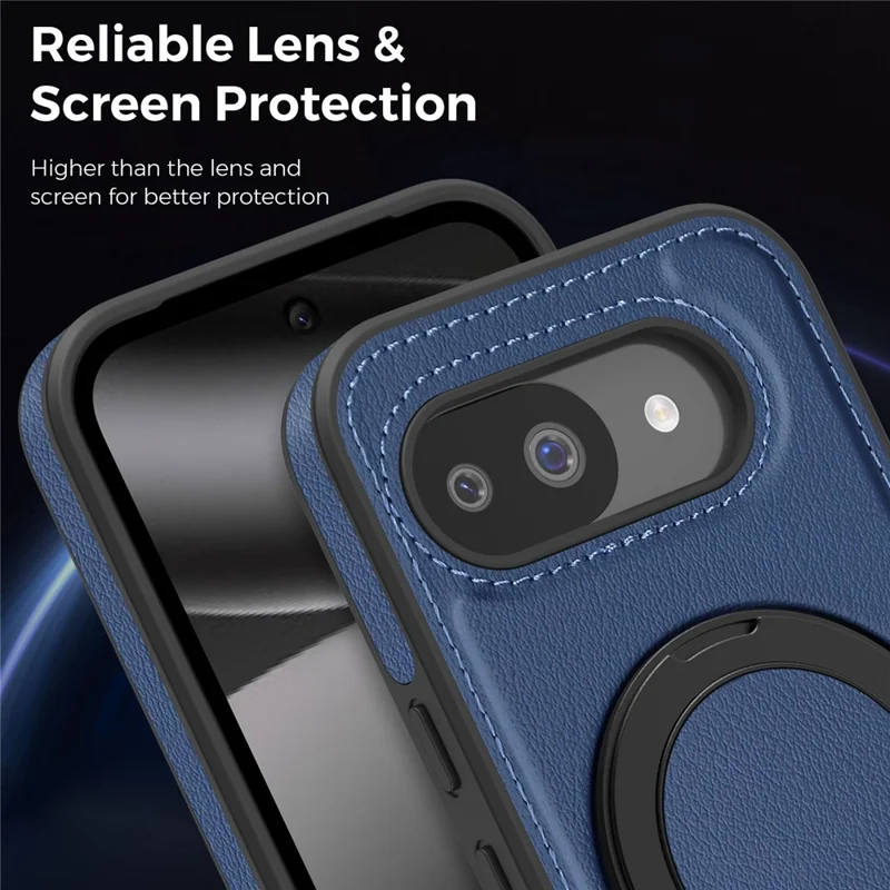 For Google Pixel 10a Magnetic Case with Ring Kickstand PU Leather Back Cover - Sapphire