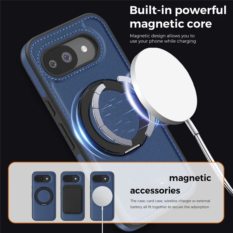 For Google Pixel 10a Magnetic Case with Ring Kickstand PU Leather Back Cover - Sapphire