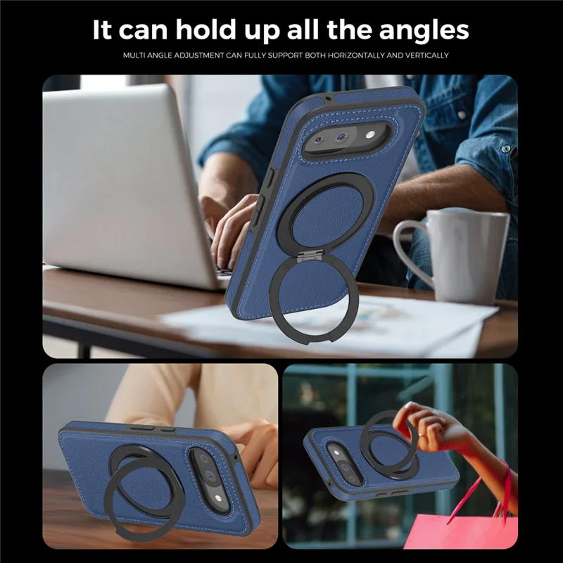 For Google Pixel 10a Magnetic Case with Ring Kickstand PU Leather Back Cover - Sapphire