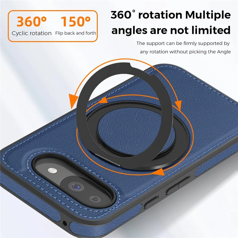 For Google Pixel 10a Magnetic Case with Ring Kickstand PU Leather Back Cover - Sapphire