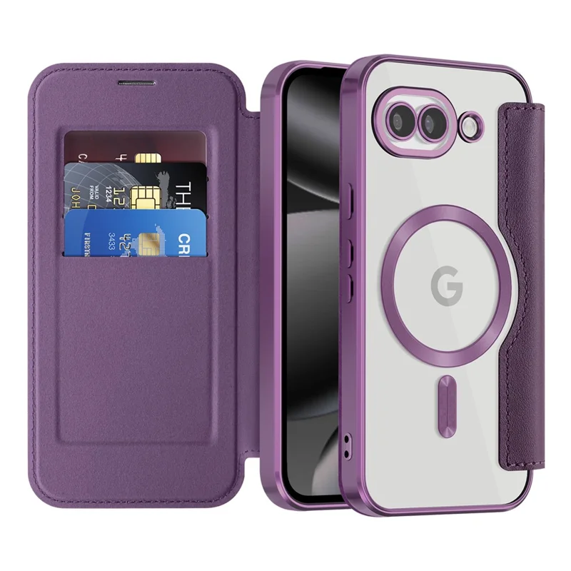 For Google Pixel 10a Magnetic Case RFID Blocking Card Holder Leather Phone Cover with Lens Film - Dark Purple