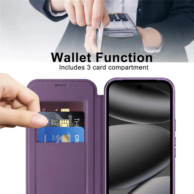 For Google Pixel 10a Magnetic Case RFID Blocking Card Holder Leather Phone Cover with Lens Film - Dark Purple