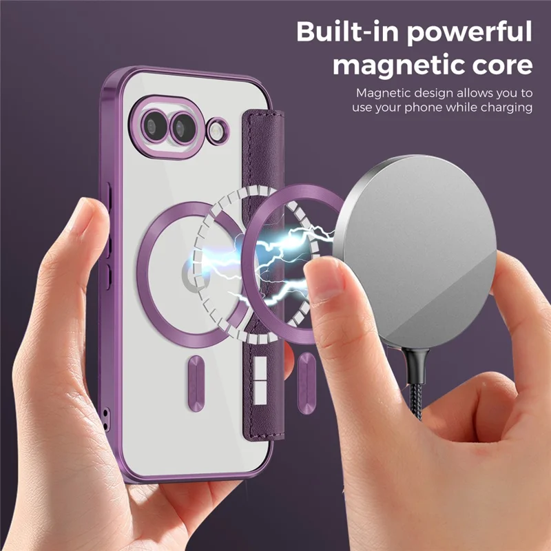For Google Pixel 10a Magnetic Case RFID Blocking Card Holder Leather Phone Cover with Lens Film - Dark Purple