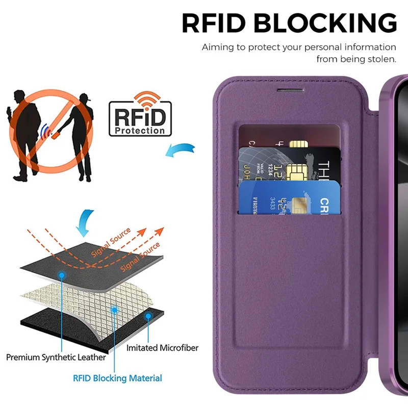 For Google Pixel 10a Magnetic Case RFID Blocking Card Holder Leather Phone Cover with Lens Film - Dark Purple