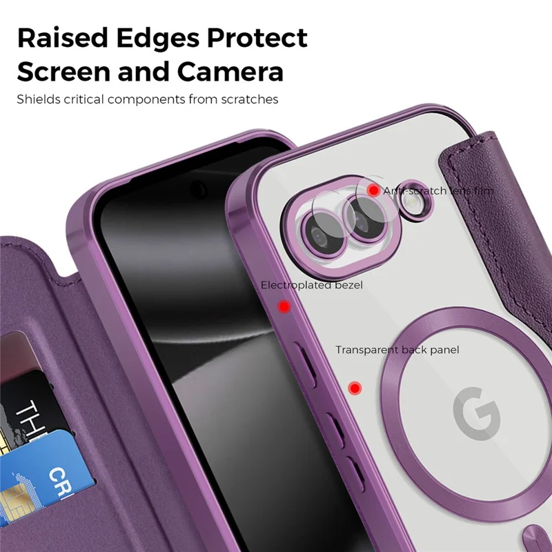 For Google Pixel 10a Magnetic Case RFID Blocking Card Holder Leather Phone Cover with Lens Film - Dark Purple