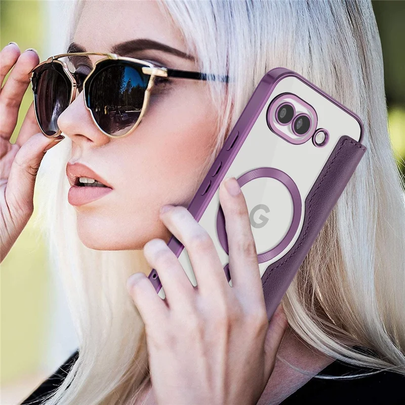 For Google Pixel 10a Magnetic Case RFID Blocking Card Holder Leather Phone Cover with Lens Film - Dark Purple