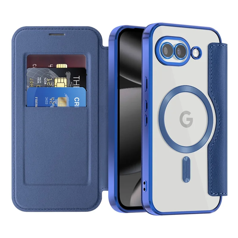 Magnetische Hülle für Google Pixel 10a mit RFID-Schutz, Kartenfach, Lederschutzhülle mit Objektivfolie – Saphir