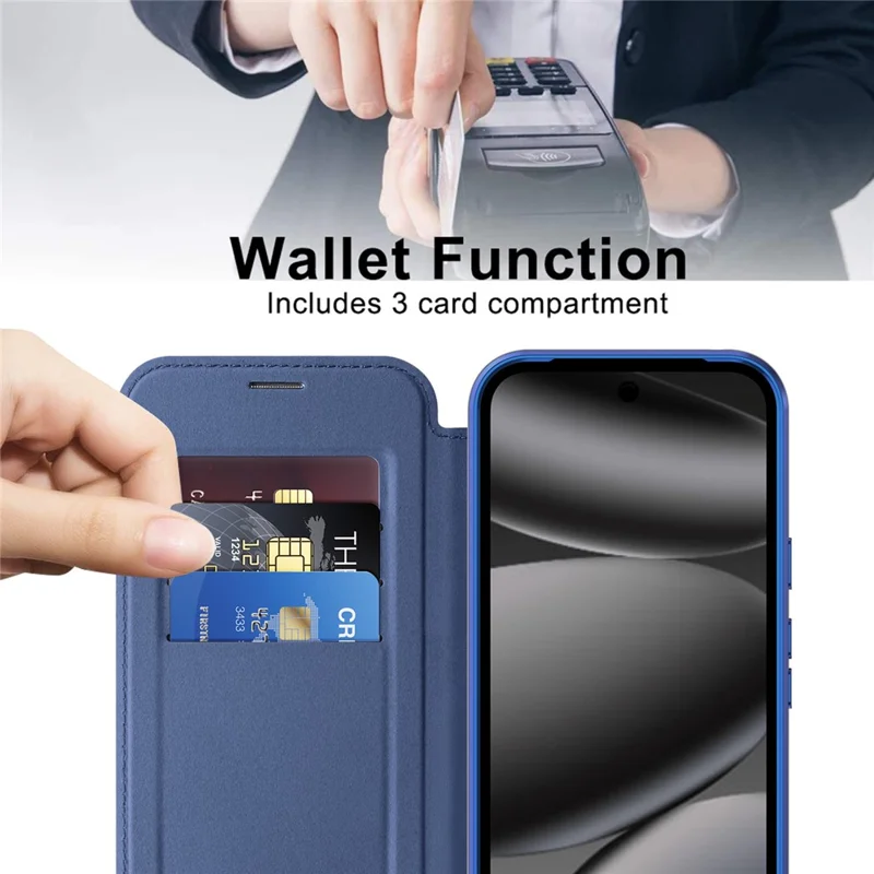 Magnetische Hülle für Google Pixel 10a mit RFID-Schutz, Kartenfach, Lederschutzhülle mit Objektivfolie – Saphir