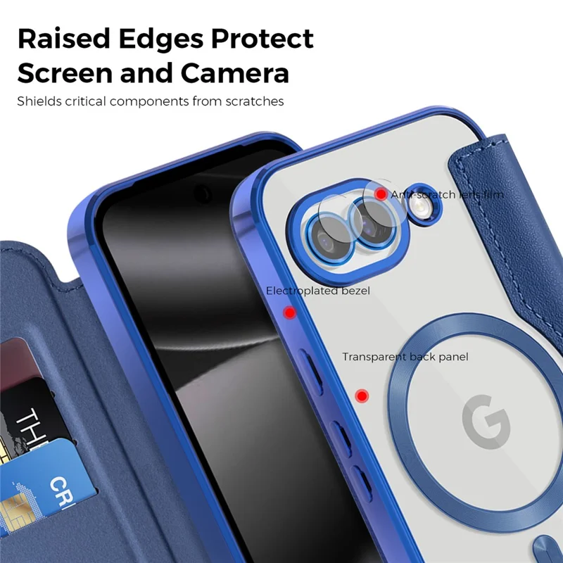 Magnetische Hülle für Google Pixel 10a mit RFID-Schutz, Kartenfach, Lederschutzhülle mit Objektivfolie – Saphir