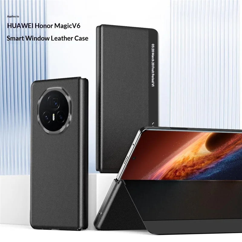 For Honor Magic V6 5G Case View Window PU Leather Stand Smart Phone Cover - Black