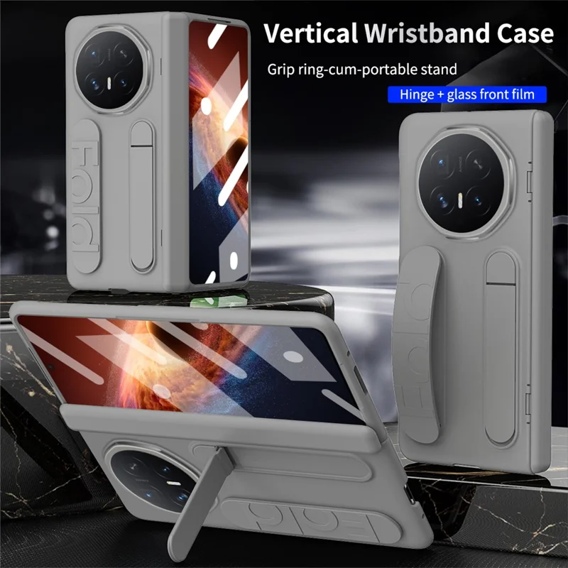 For Honor Magic V6 5G Case Kickstand Wristband PC Phone Cover with Tempered Glass Film - Grey