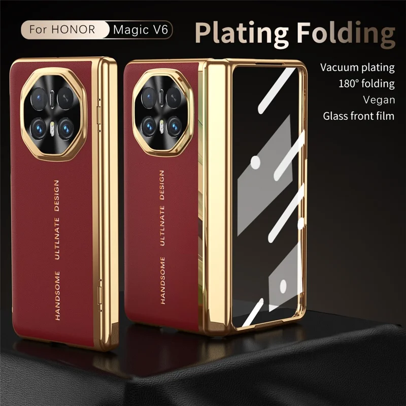 For Honor Magic V6 5G Case PU Leather + PC Electroplating Phone Cover with Tempered Glass Screen Film - Red