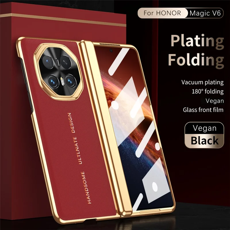 For Honor Magic V6 5G Case PU Leather + PC Electroplating Phone Cover with Tempered Glass Screen Film - Red