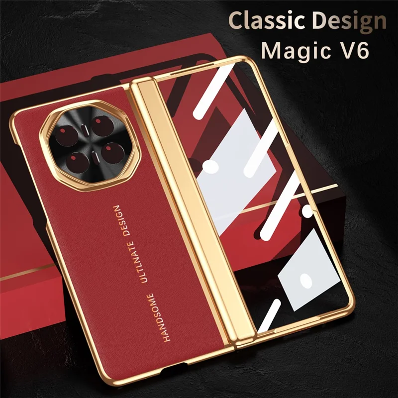 For Honor Magic V6 5G Case PU Leather + PC Electroplating Phone Cover with Tempered Glass Screen Film - Red