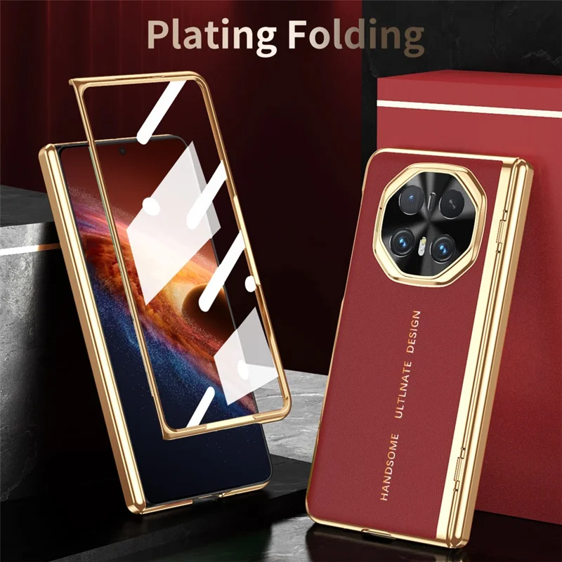 For Honor Magic V6 5G Case PU Leather + PC Electroplating Phone Cover with Tempered Glass Screen Film - Red