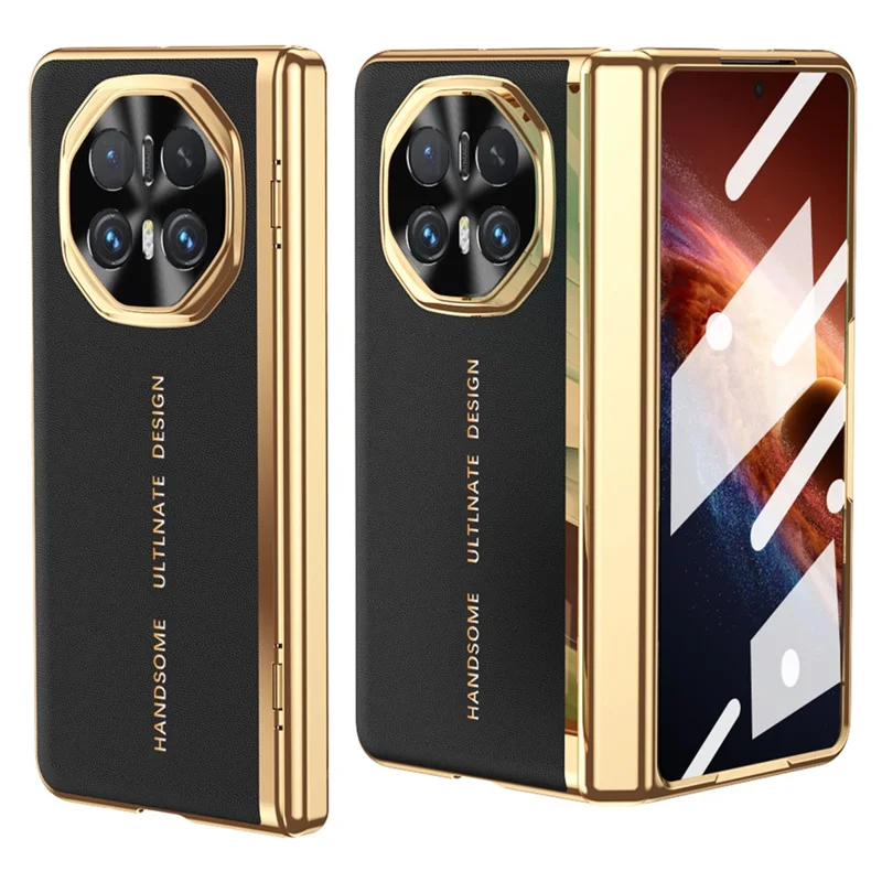 For Honor Magic V6 5G Case PU Leather + PC Electroplating Phone Cover with Tempered Glass Screen Film - Black