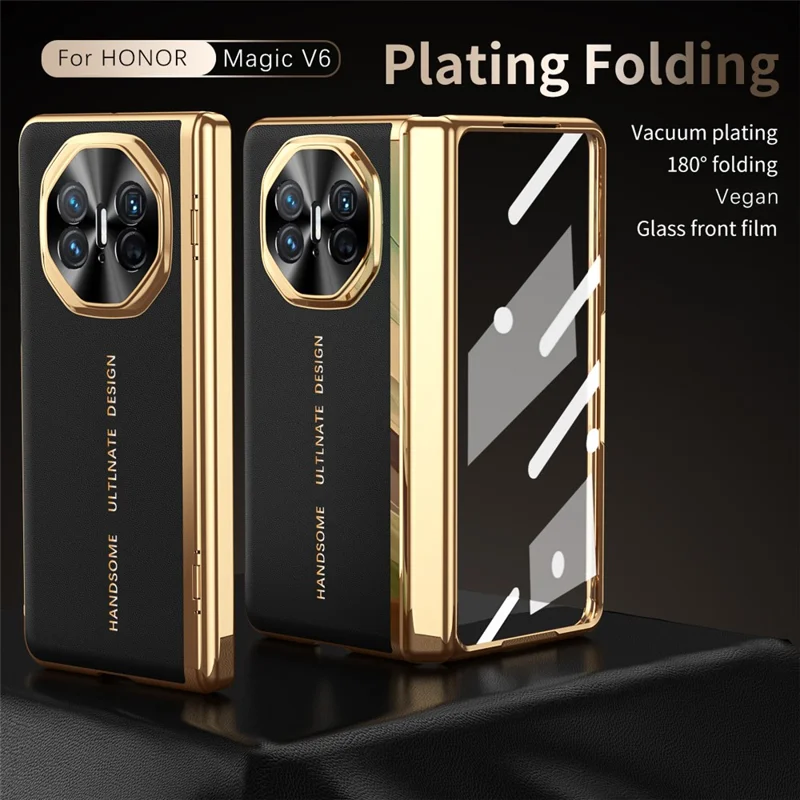 For Honor Magic V6 5G Case PU Leather + PC Electroplating Phone Cover with Tempered Glass Screen Film - Black