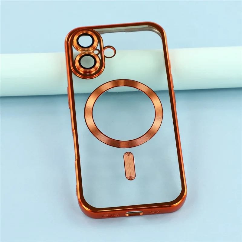 For iPhone 16 Magnetic Case Electroplated TPU Phone Cover with Lens Film - Orange