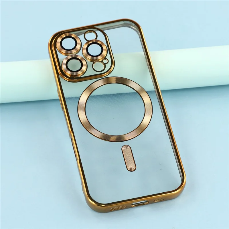 For iPhone 16 Pro Max Magnetic Case Electroplated TPU Phone Cover with Lens Film - Gold
