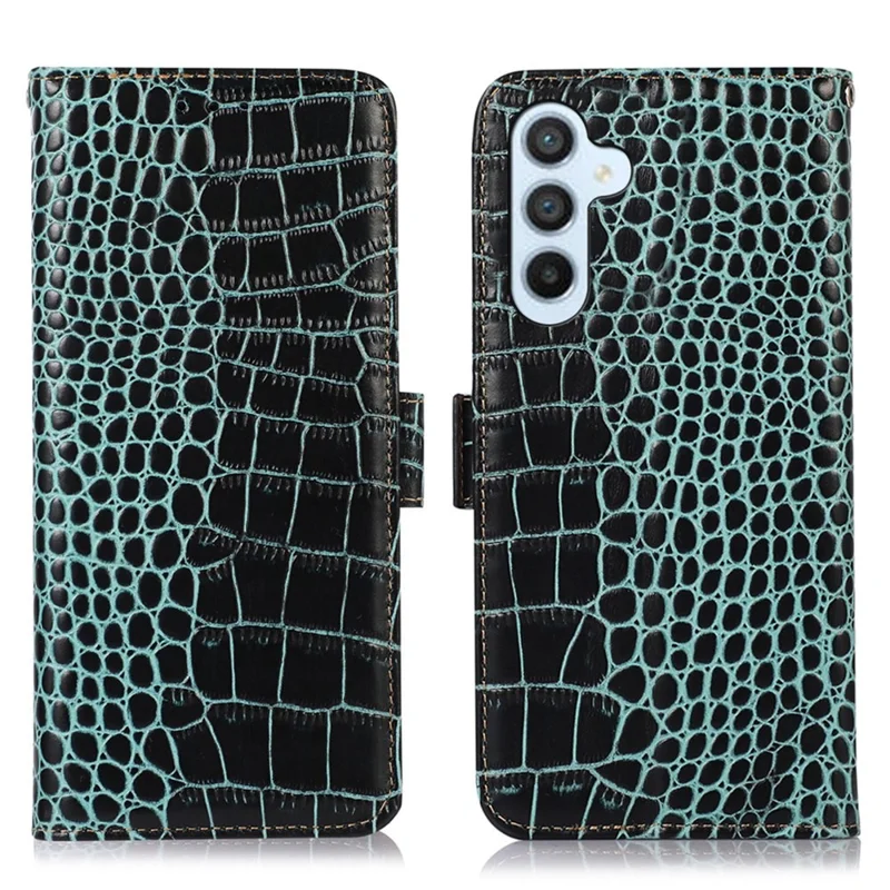 For Samsung Galaxy A54 5G Crocodile Texture Phone Case Genuine Cowhide Leather Wallet Stand RFID Blocking Anti-drop Cover - Green