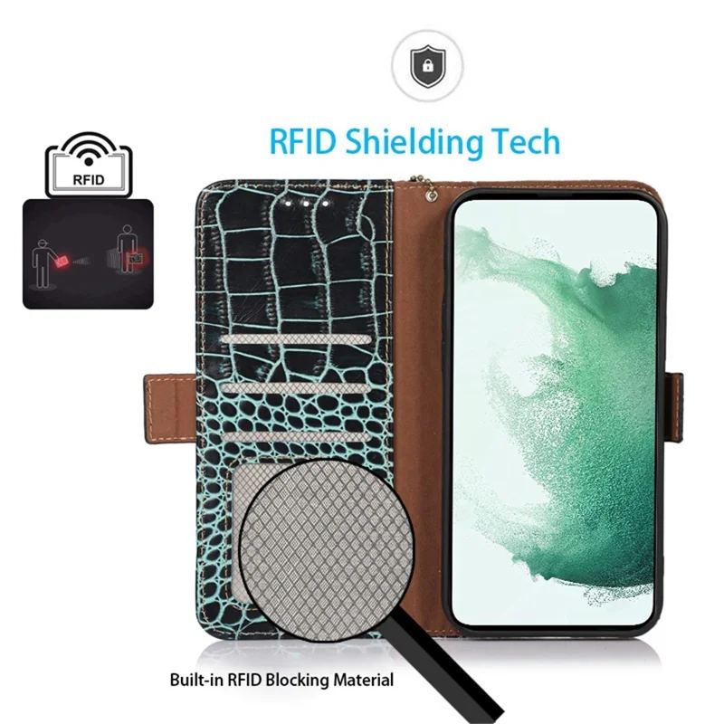 For Samsung Galaxy A54 5G Crocodile Texture Phone Case Genuine Cowhide Leather Wallet Stand RFID Blocking Anti-drop Cover - Green