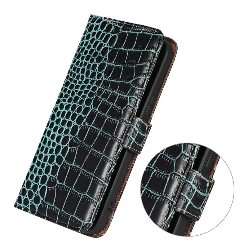 For Samsung Galaxy A54 5G Crocodile Texture Phone Case Genuine Cowhide Leather Wallet Stand RFID Blocking Anti-drop Cover - Green