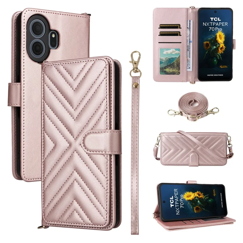 For TCL NxtPaper 70 Pro 5G Leather Case Stand Wallet Phone Cover with Shoulder / Wrist Strap - Pink