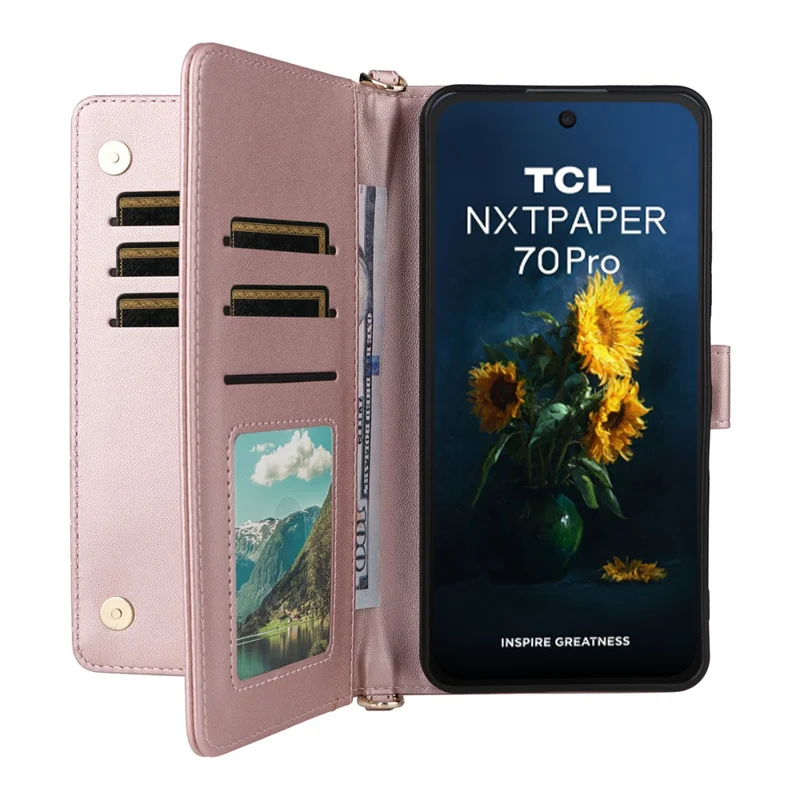 For TCL NxtPaper 70 Pro 5G Leather Case Stand Wallet Phone Cover with Shoulder / Wrist Strap - Pink