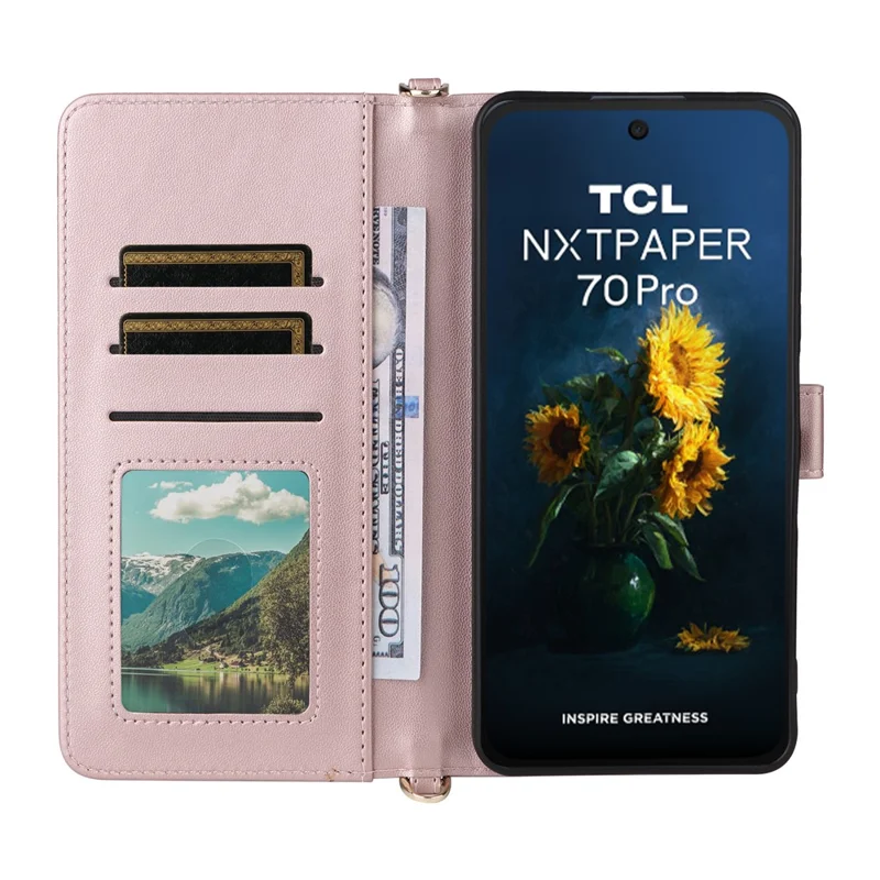 For TCL NxtPaper 70 Pro 5G Leather Case Stand Wallet Phone Cover with Shoulder / Wrist Strap - Pink