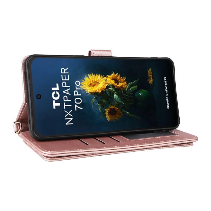 For TCL NxtPaper 70 Pro 5G Leather Case Stand Wallet Phone Cover with Shoulder / Wrist Strap - Pink
