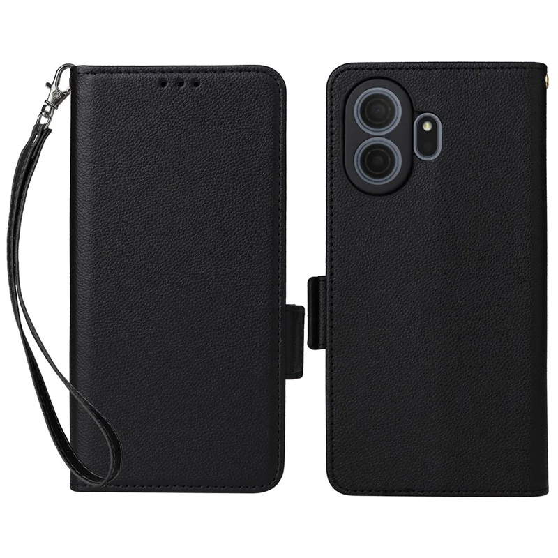 For TCL NxtPaper 70 Pro 5G Case Litchi Texture Wallet Leather Phone Cover with Wrist Strap - Black