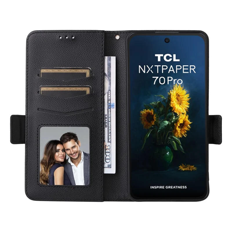 For TCL NxtPaper 70 Pro 5G Case Litchi Texture Wallet Leather Phone Cover with Wrist Strap - Black
