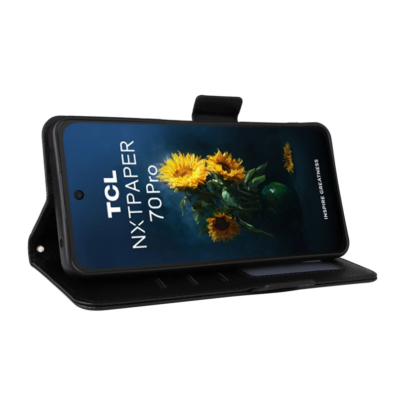 For TCL NxtPaper 70 Pro 5G Case Litchi Texture Wallet Leather Phone Cover with Wrist Strap - Black