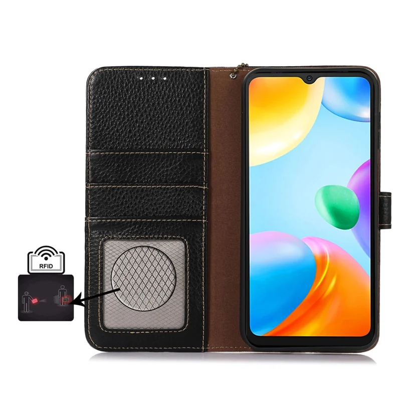 For Xiaomi Redmi Turbo 5 Max 5G 5G Case RFID Blocking Genuine Cow Leather Phone Cover Litchi Texture - Black