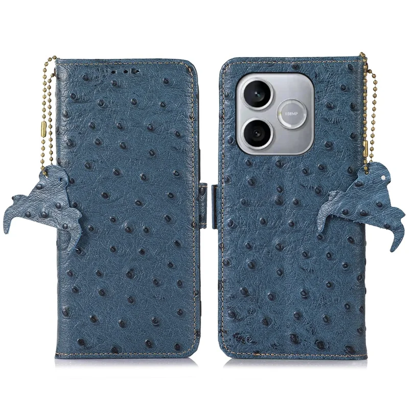 For Honor 600 Lite 5G Case RFID Blocking Genuine Cow Leather Phone Case Ostrich Texture - Blue