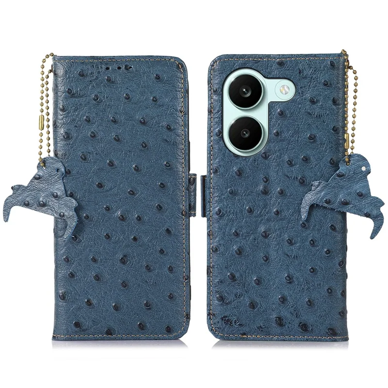 For Xiaomi Redmi Turbo 5 5G Case RFID Blocking Genuine Cow Leather Phone Case Ostrich Texture - Blue