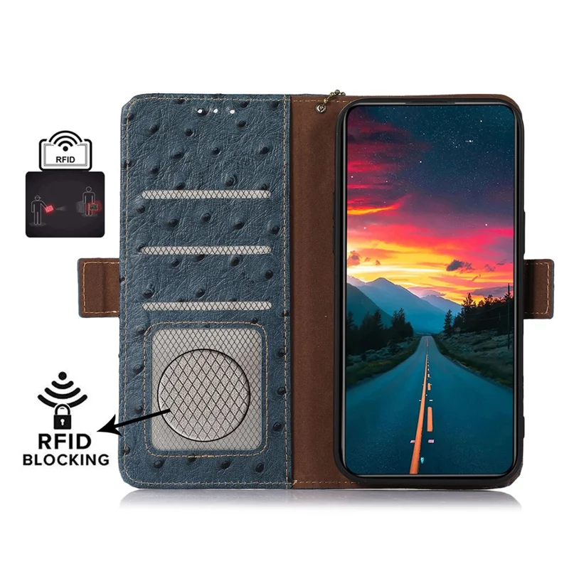 For Xiaomi Redmi Turbo 5 5G Case RFID Blocking Genuine Cow Leather Phone Case Ostrich Texture - Blue
