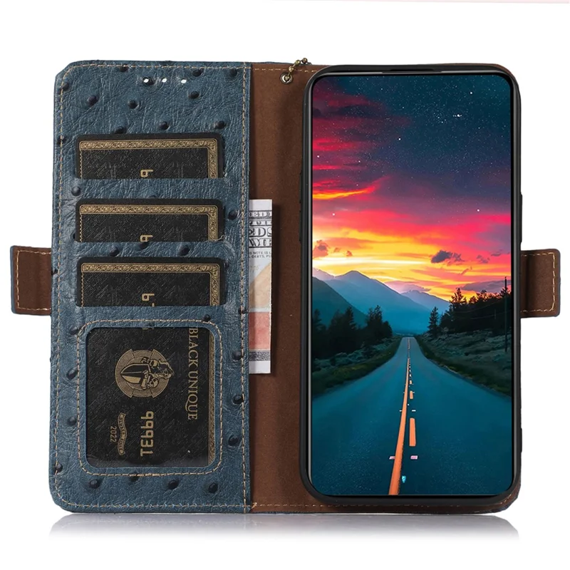 For Xiaomi Redmi Turbo 5 5G Case RFID Blocking Genuine Cow Leather Phone Case Ostrich Texture - Blue