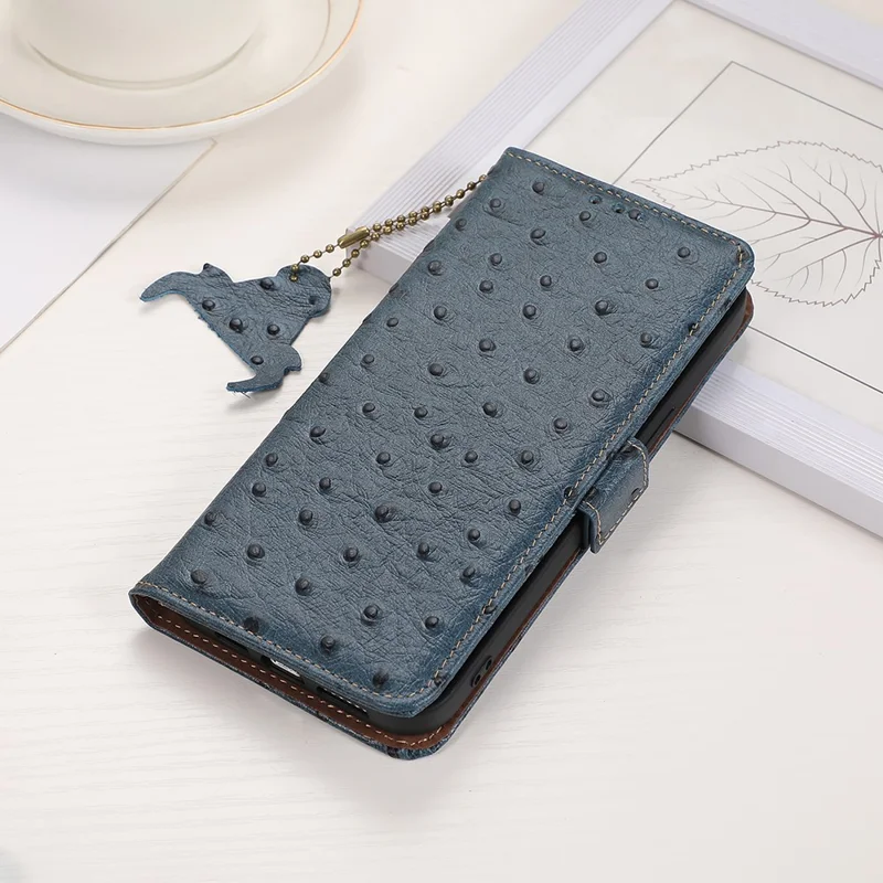 For Xiaomi Redmi Turbo 5 5G Case RFID Blocking Genuine Cow Leather Phone Case Ostrich Texture - Blue