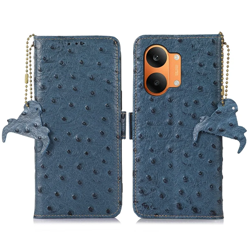 For Xiaomi Redmi Turbo 5 Max 5G Case RFID Blocking Genuine Cow Leather Phone Case Ostrich Texture - Blue